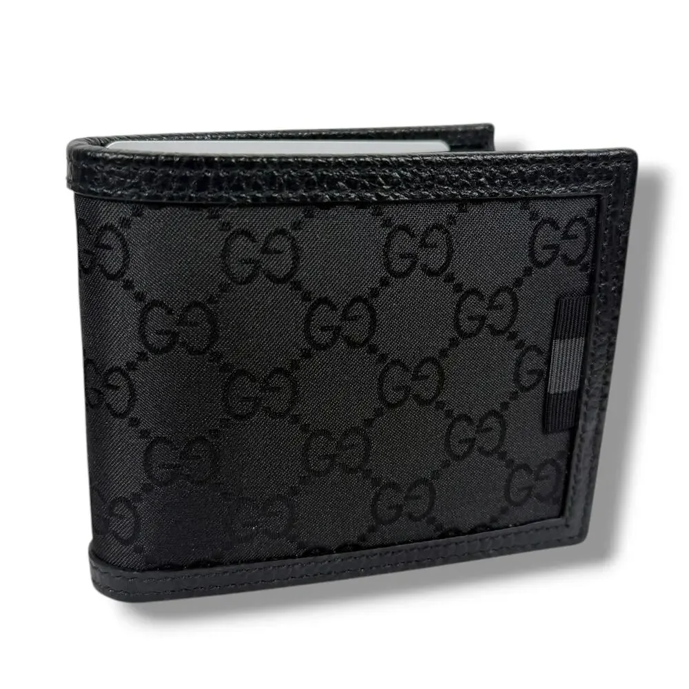 Gucci GG Monogram Canvas Bi-Fold Wallet Leather Trim Black 260987